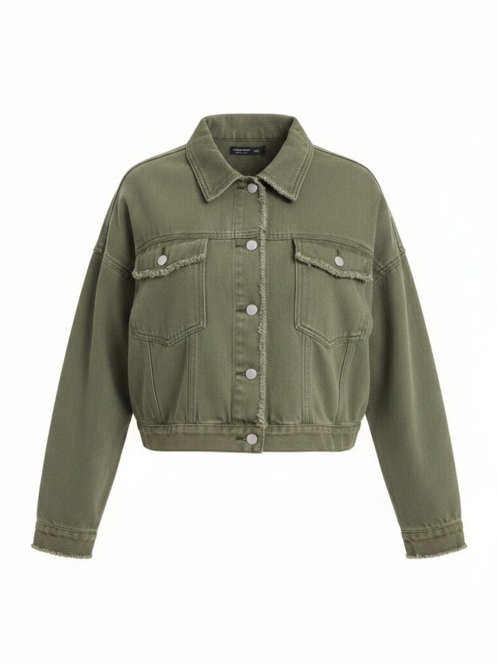 SHEIN Olive Green Cropped Jean Jacket with Frayed Edges